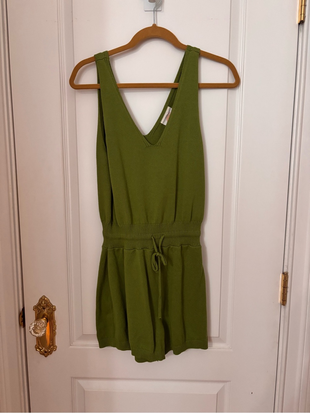 Daily Practice Anthropologie Green Knit Romper Deep V Drawstring Waist M